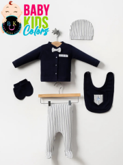 Lüks Papyonlu Çizgili Yeni Doğan Hastane Çıkış 5'li Zıbın Seti (KUTULU) Lacivert