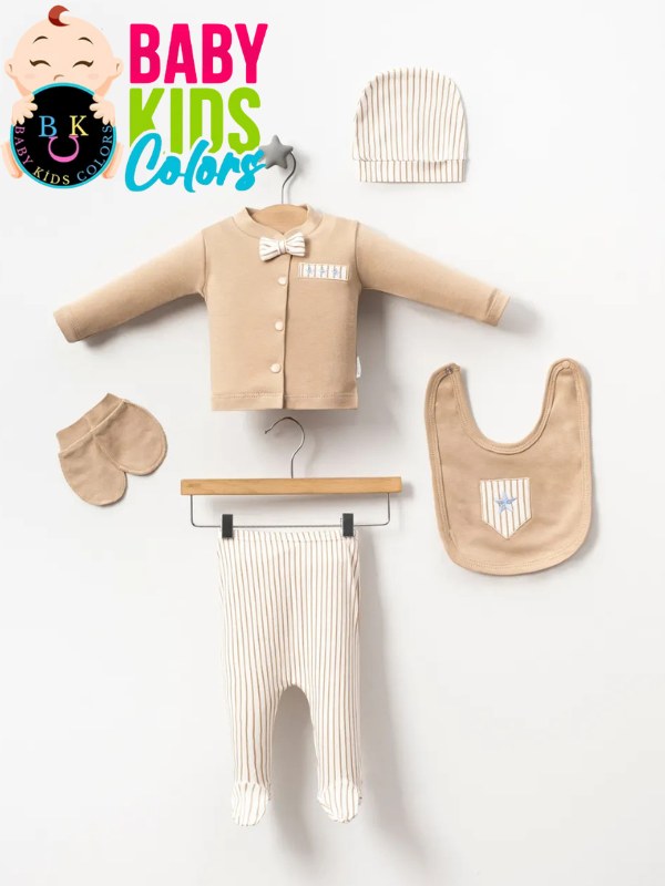 Lüks Papyonlu Çizgili Yeni Doğan Hastane Çıkış 5'li Zıbın Seti (KUTULU) Kahverengi