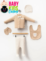 Lüks Papyonlu Çizgili Yeni Doğan Hastane Çıkış 5'li Zıbın Seti (KUTULU) Kahverengi