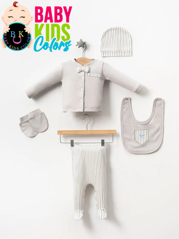 Lüks Papyonlu Çizgili Yeni Doğan Hastane Çıkış 5'li Zıbın Seti (KUTULU) Gri