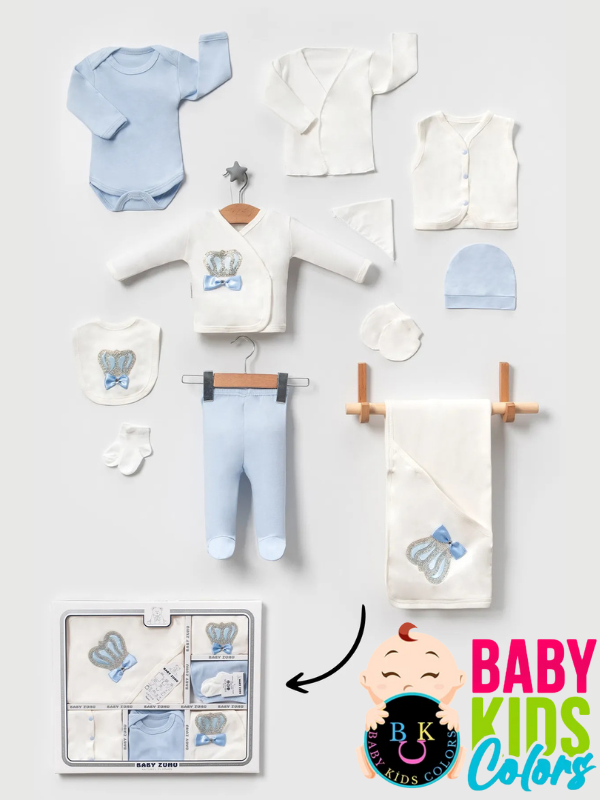 Lüks Taşlı Yeni Doğan Hastane Çıkış 10'lu Zıbın Seti (KUTULU) Mavi