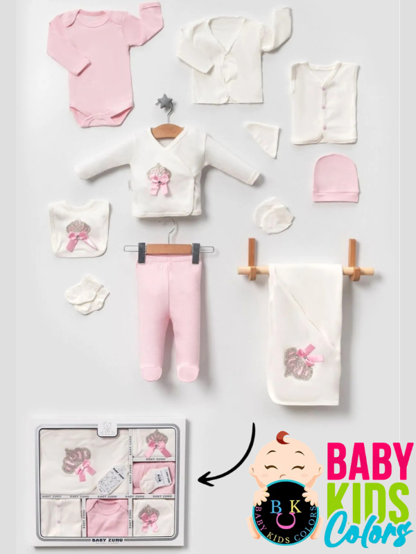 Lüks Taşlı Yeni Doğan Hastane Çıkış 10'lu Zıbın Seti (KUTULU) Pembe