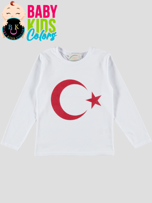 Düz renk Bayrak baskılı uzun kol badi Beyaz - 8 Yaş