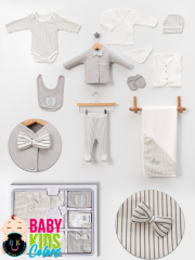 Lüks Papyon Çizgili Yeni Doğan Hastane Çıkış 10'lu Zıbın Seti (KUTULU) Yeni Doğan - Gri