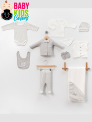 Lüks Papyon Çizgili Yeni Doğan Hastane Çıkış 10'lu Zıbın Seti (KUTULU) Yeni Doğan - Gri