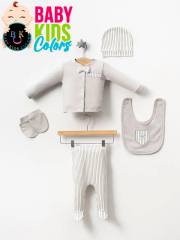 Lüks Papyon Çizgili Yeni Doğan Hastane Çıkış 10'lu Zıbın Seti (KUTULU) Yeni Doğan - Gri