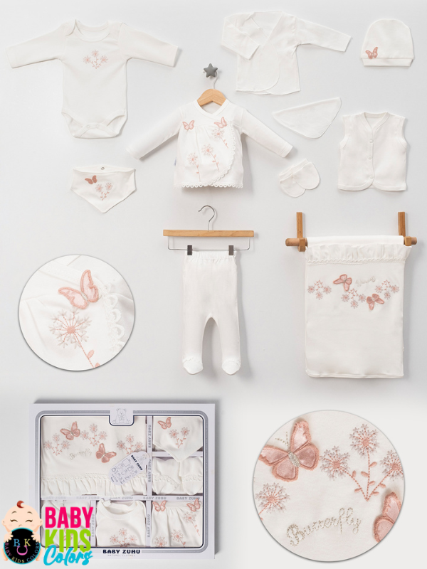 Lüks Kelebek Yeni Doğan Hastane Çıkış 10'lu Zıbın Seti (KUTULU) Somon