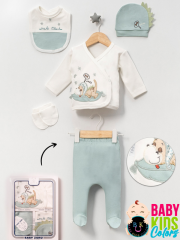 Kutulu - Erkek Yenidoğan Kıyafetleri 5'li Hastane Çıkış Setleri Sevimli Köpek Nakışlı %100 Pamuk Yeşil