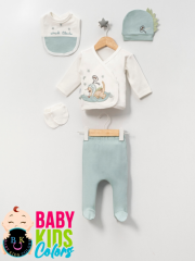 Kutulu - Erkek Yenidoğan Kıyafetleri 5'li Hastane Çıkış Setleri Sevimli Köpek Nakışlı %100 Pamuk Yeşil