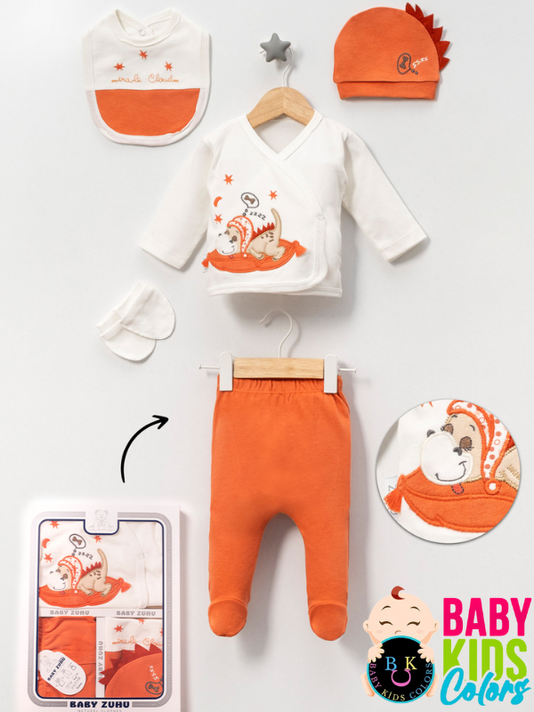 Kutulu - Erkek Yenidoğan Kıyafetleri 5'li Hastane Çıkış Setleri Sevimli Köpek Nakışlı %100 Pamuk Turuncu