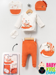 Kutulu - Erkek Yenidoğan Kıyafetleri 5'li Hastane Çıkış Setleri Sevimli Köpek Nakışlı %100 Pamuk Turuncu