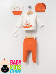 Kutulu - Erkek Yenidoğan Kıyafetleri 5'li Hastane Çıkış Setleri Sevimli Köpek Nakışlı %100 Pamuk Turuncu