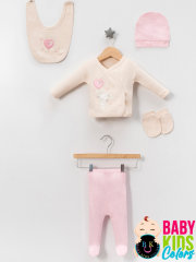 Kutulu - Kız Yenidoğan Kıyafetleri 5'li Hastane Çıkış Setleri Süzene Nakışlı %100 Pamuk Zıbın Set Pembe