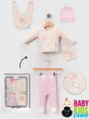 Kutulu - Kız Yenidoğan Kıyafetleri 5'li Hastane Çıkış Setleri Süzene Nakışlı %100 Pamuk Zıbın Set Pembe