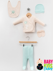 Kutulu - Kız Yenidoğan Kıyafetleri 5'li Hastane Çıkış Setleri Süzene Nakışlı %100 Pamuk Zıbın Set Mint