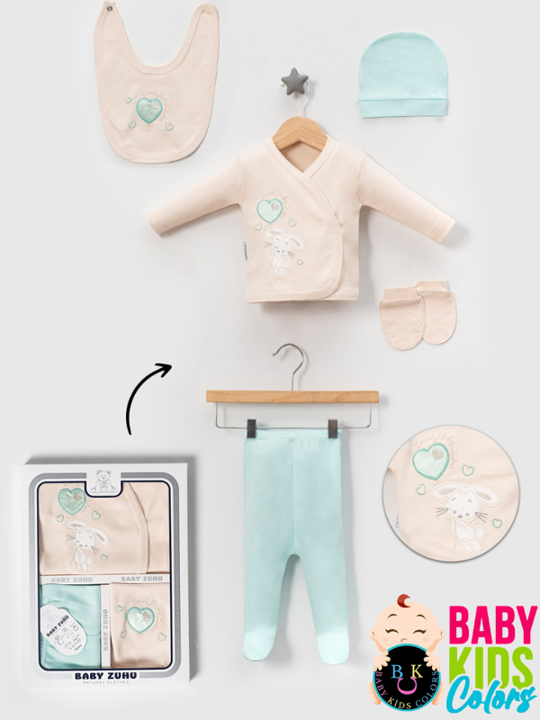 Kutulu - Kız Yenidoğan Kıyafetleri 5'li Hastane Çıkış Setleri Süzene Nakışlı %100 Pamuk Zıbın Set Mint