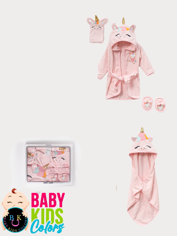 Kutulu 4 Parça Unicorn Kapşonlu %100 Pamuk Bebek Bornoz Takımı