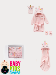 Kutulu 4 Parça Unicorn Kapşonlu %100 Pamuk Bebek Bornoz Takımı