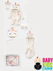 Kutulu 4 Parça Unicorn Kapşonlu %100 Pamuk Bebek Bornoz Takımı